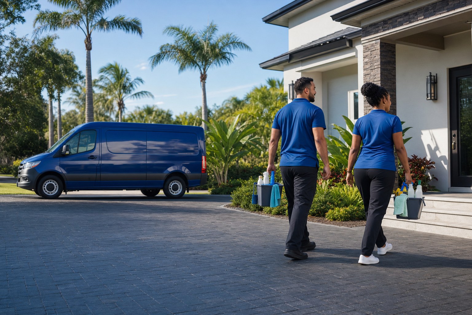 Cleaning team arriving at a Florida home with supplies
