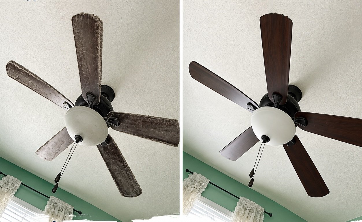 Ceiling fan before and after cleaning, with dusty blades on the left and clean blades on the right