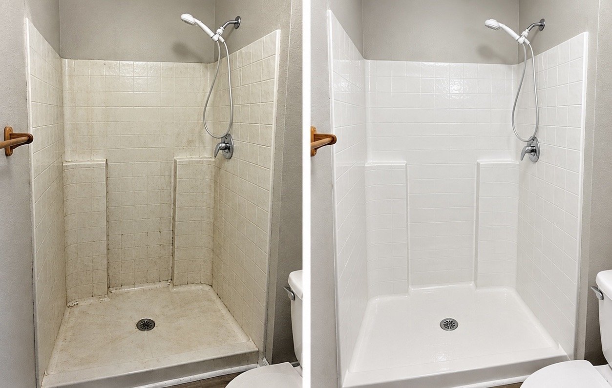 Side-by-side shower before and after cleaning, with buildup on the left and clean white tile on the right