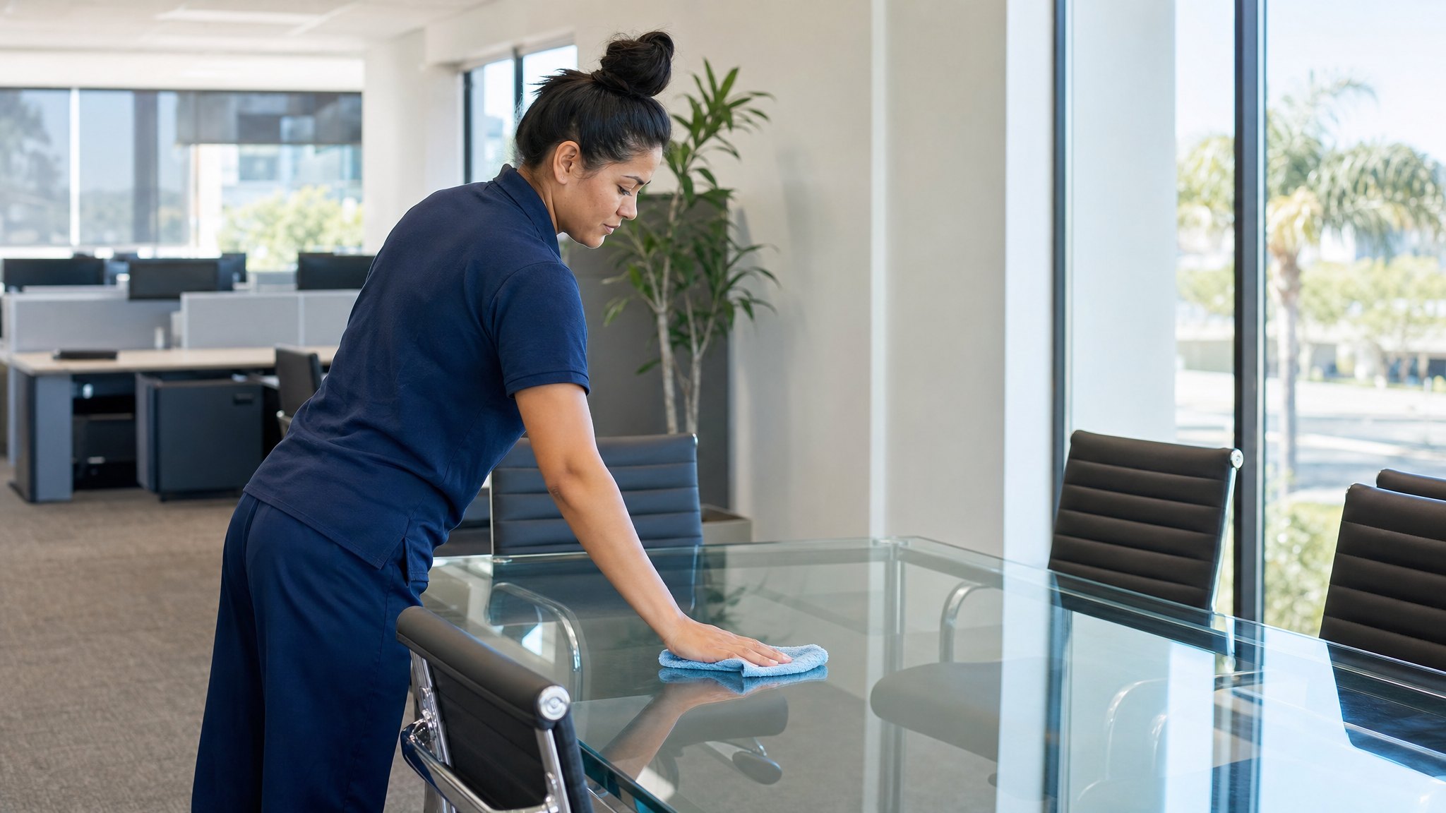Professional cleaner wiping a conference table in a bright office