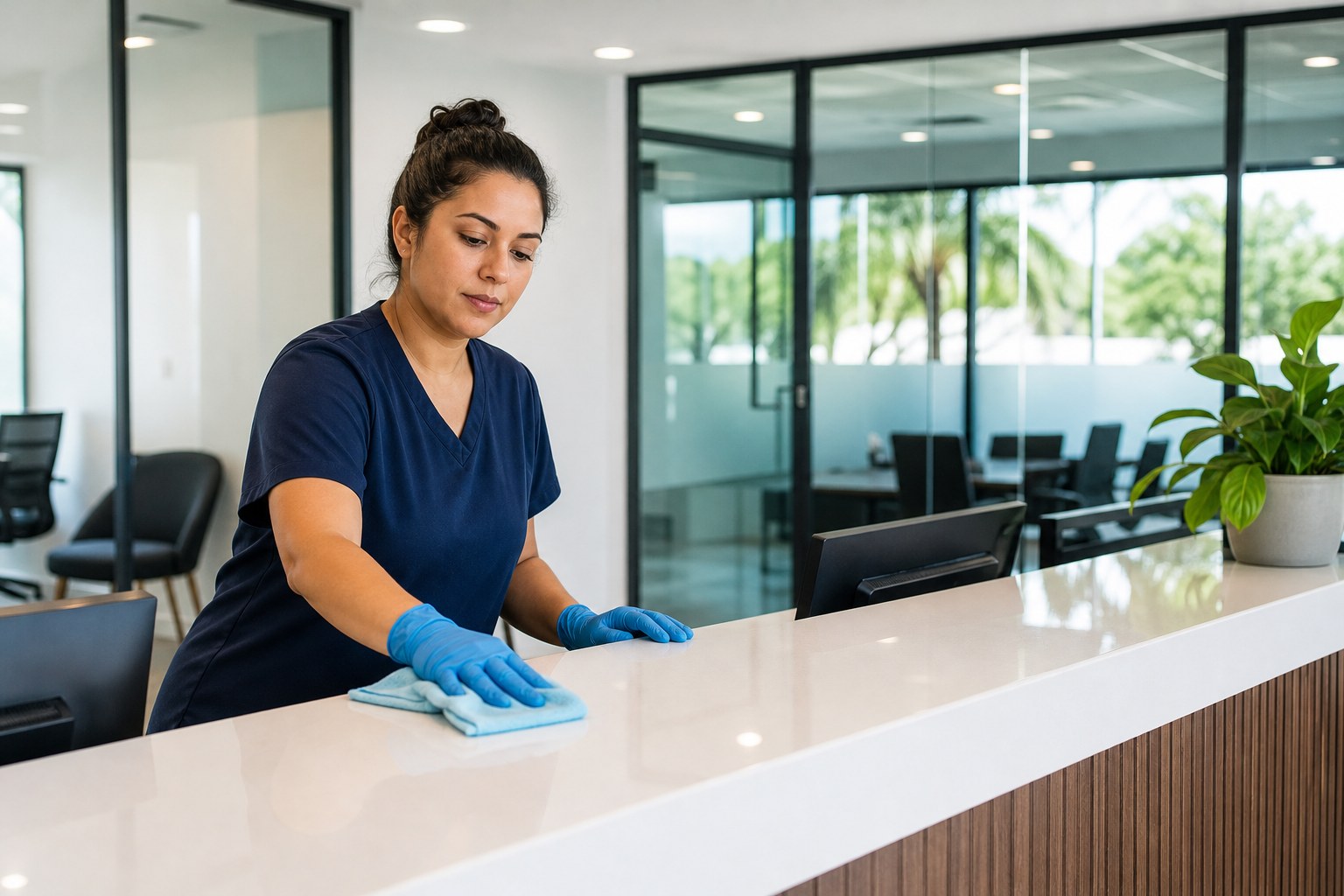 Cleaner wiping a reception counter in a bright office
