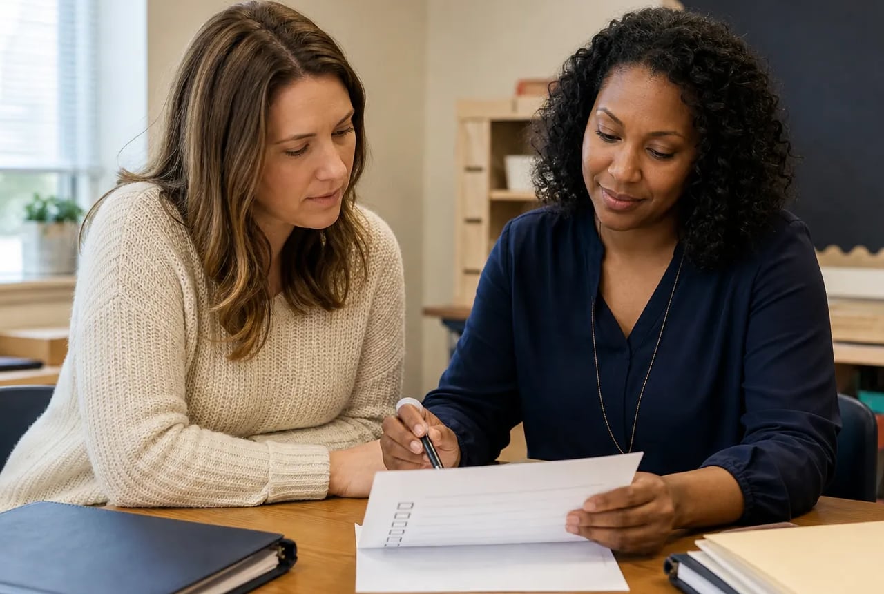 Parent organizing school meeting notes and a calendar at home
