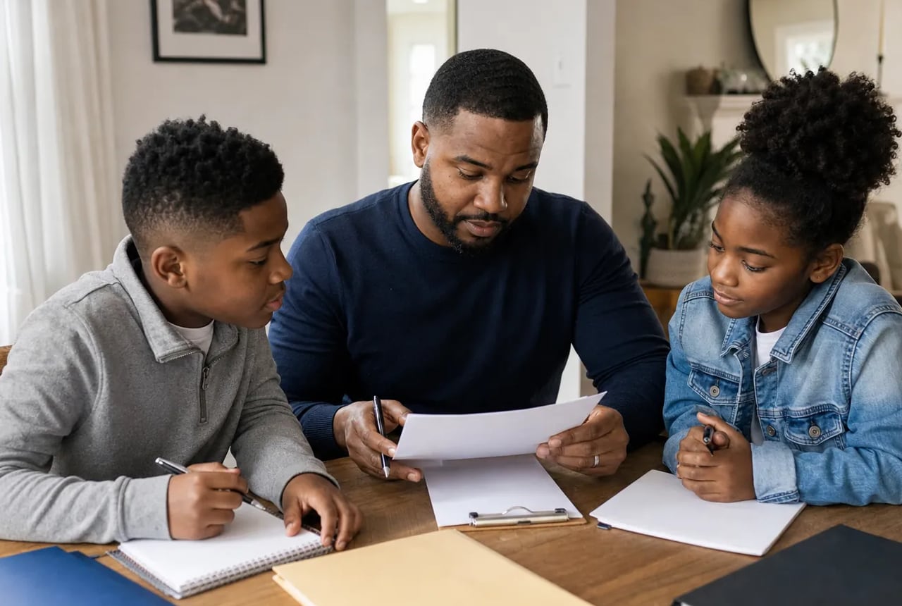 Parent and teen reviewing school meeting papers together at home