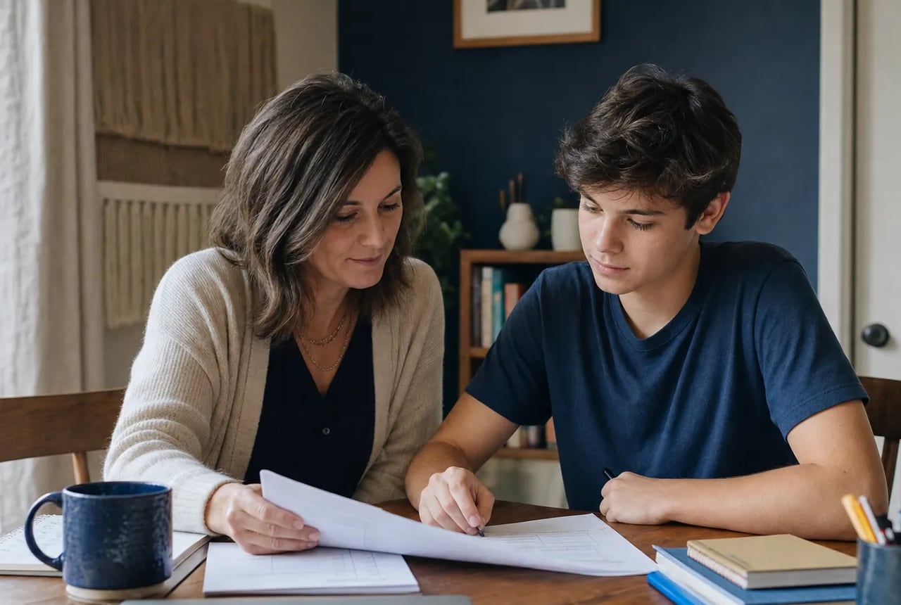 Parent participating in a school conversation from home with notes nearby