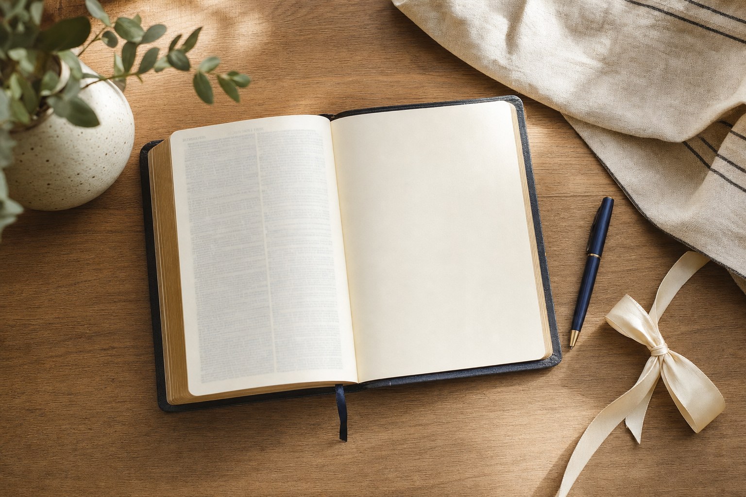 Open Bible with a blank presentation page, pen, and cream ribbon on a wooden table
