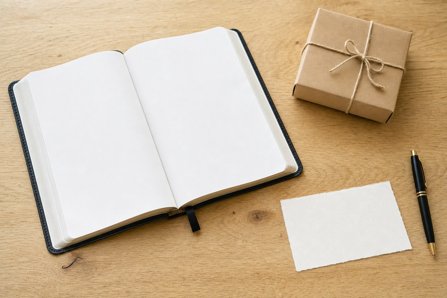 Open blank Bible beside a tied gift box, blank card, and pen