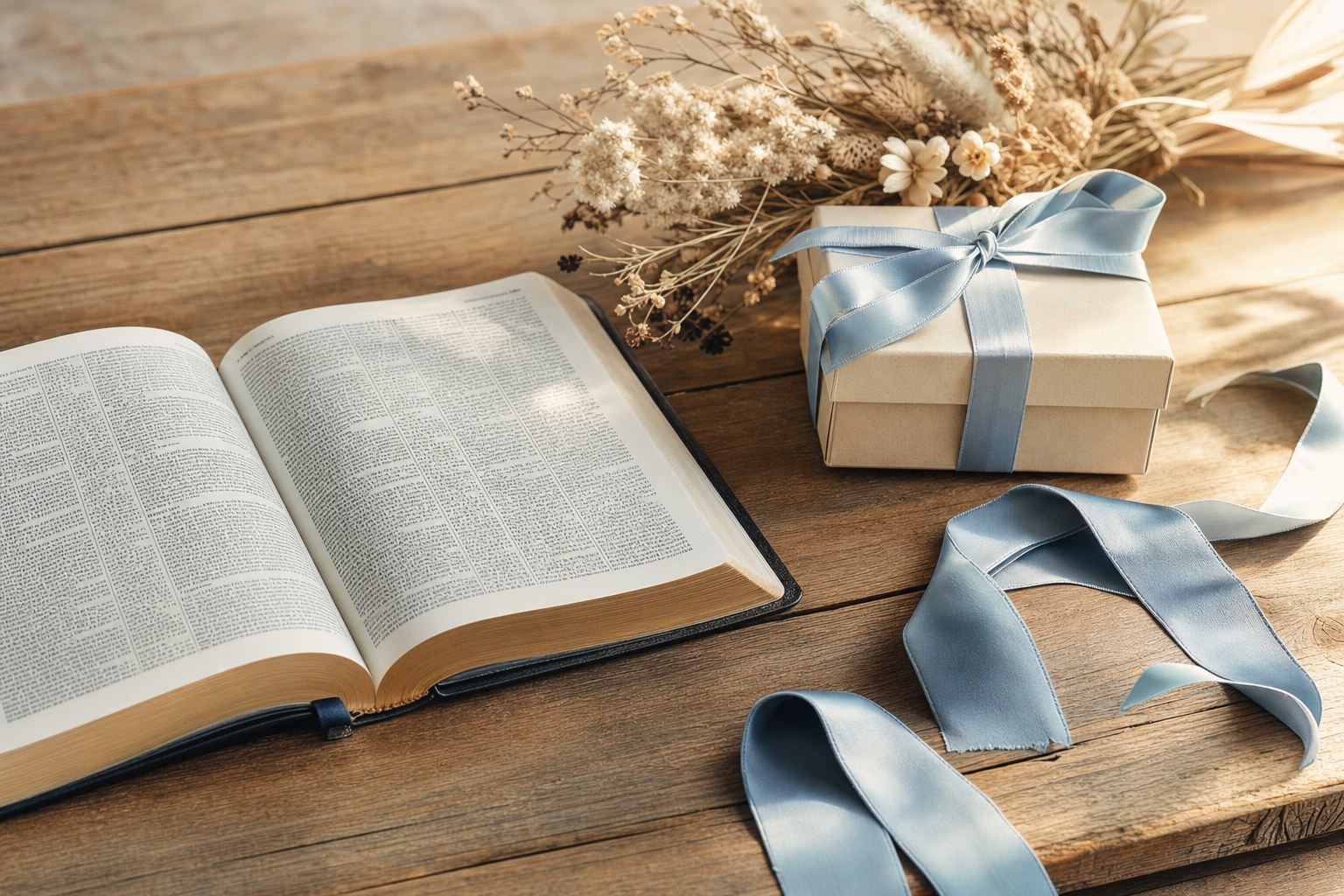 Open Bible and cream gift box with a pale blue ribbon on a wooden table