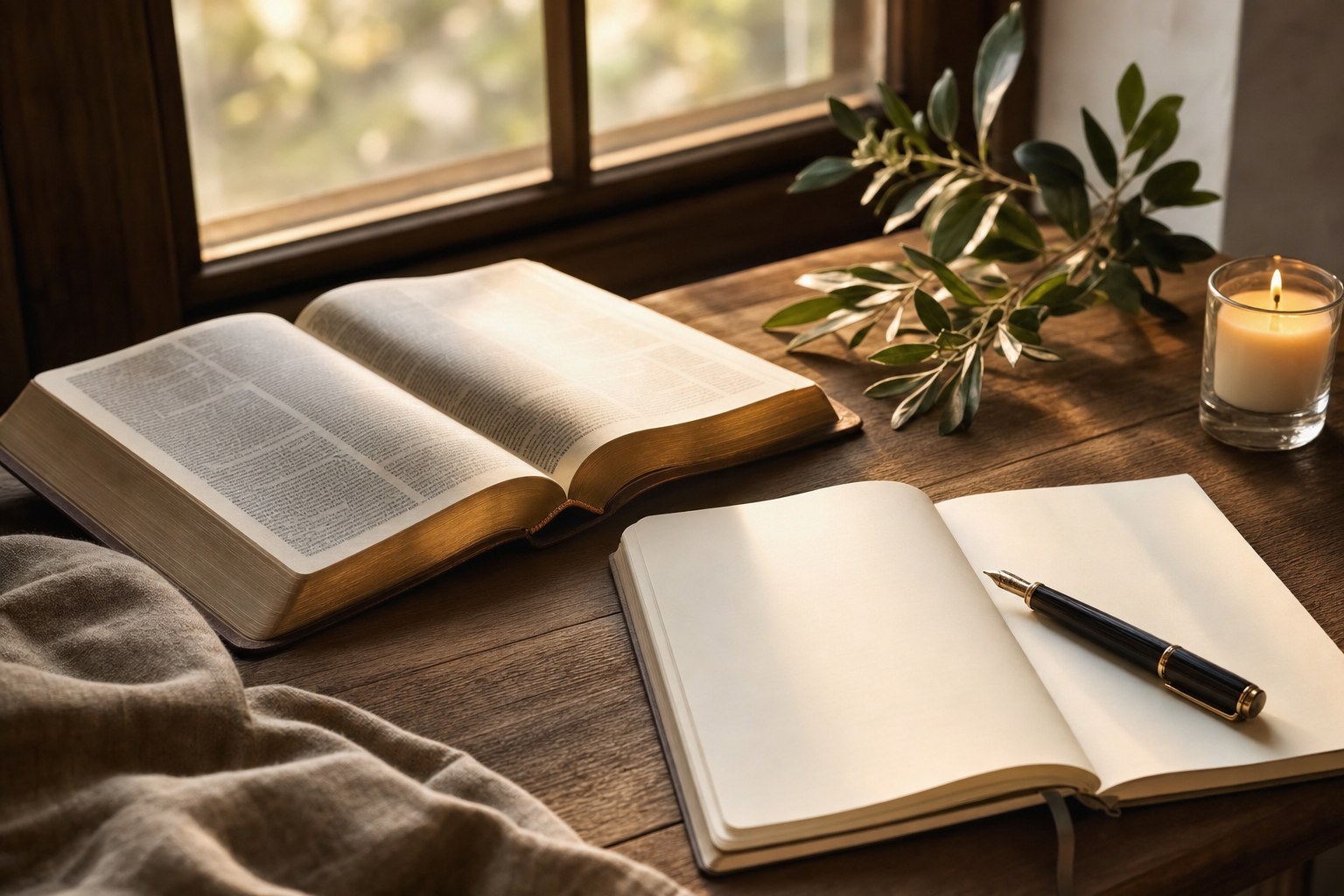 Open Bible and blank notebook with a fountain pen and candle by a window