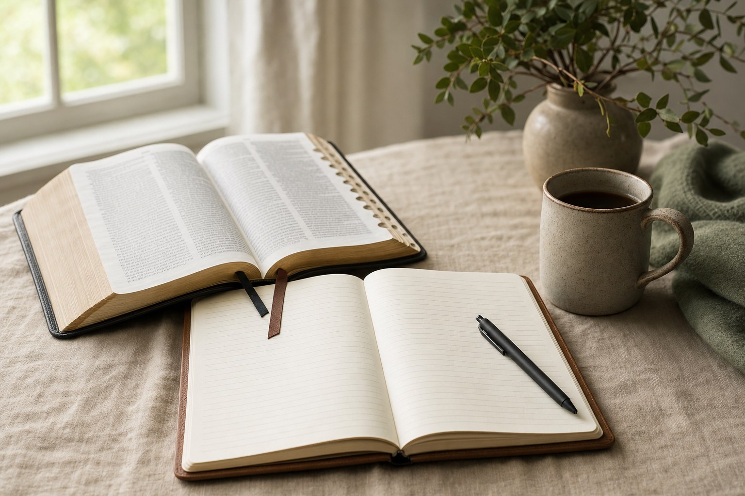 An open Bible, blank lined journal, pen, and mug prepared for a quiet morning of reflection