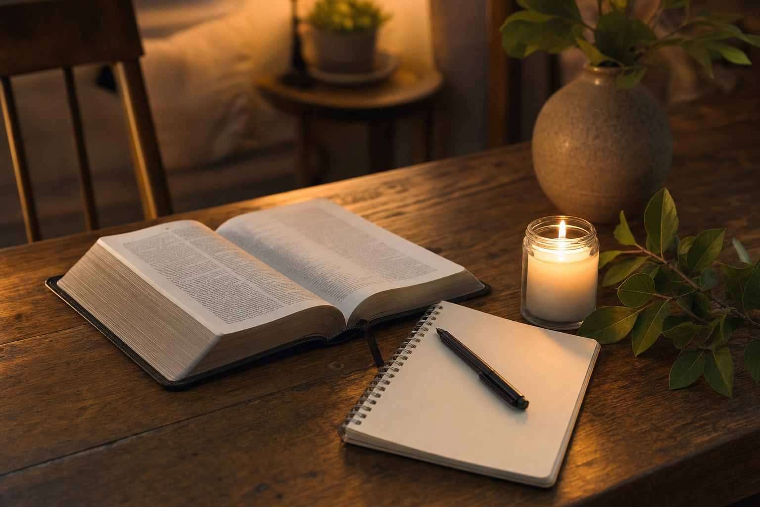 An open Bible and small notebook beside a candle and leafy branch for a quiet evening prayer