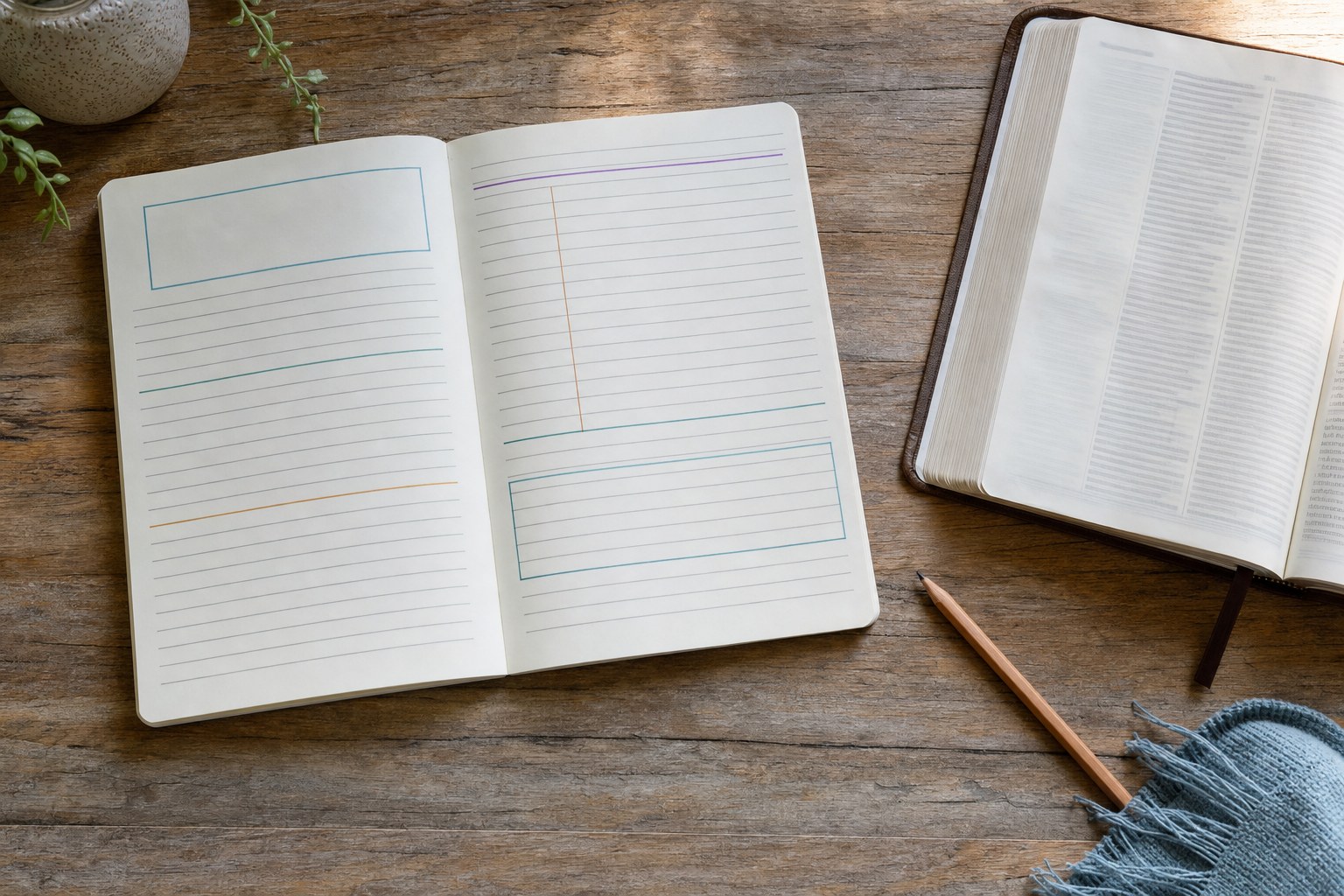A simple blank journal layout beside an open Bible and pencil
