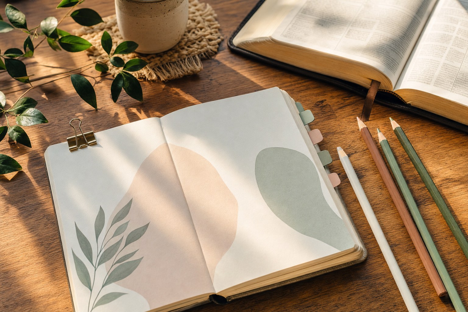 An open blank journal with colored pencils, page tabs, and an open Bible for a simple themed reflection