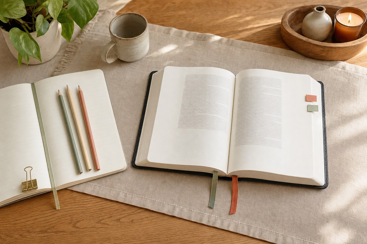 An open Bible, notebook, colored pencils, page tabs, and candle on a sunlit table