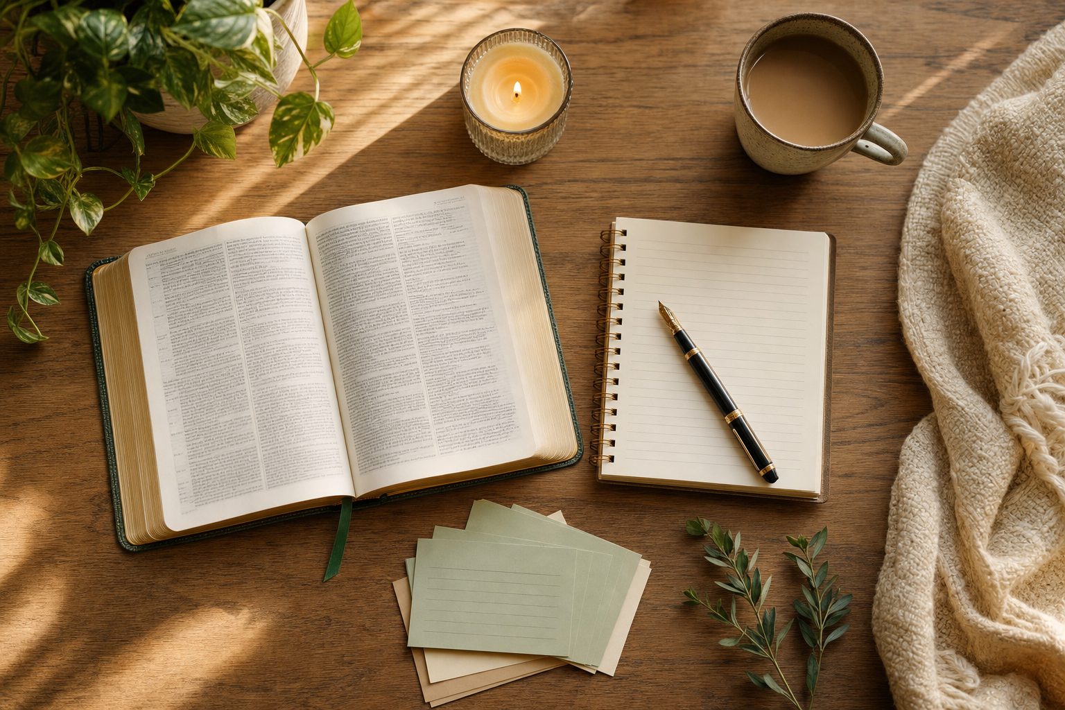An open Bible, lined notebook, pen, candle, and tea arranged for quiet reflection