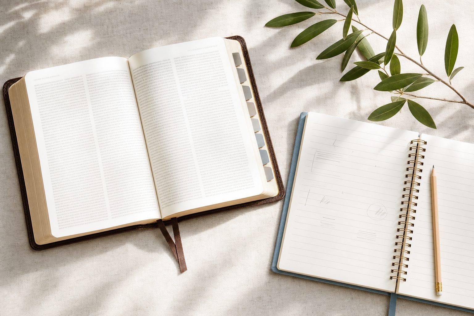 An open Bible and notebook with a pencil on a sunlit linen-covered table