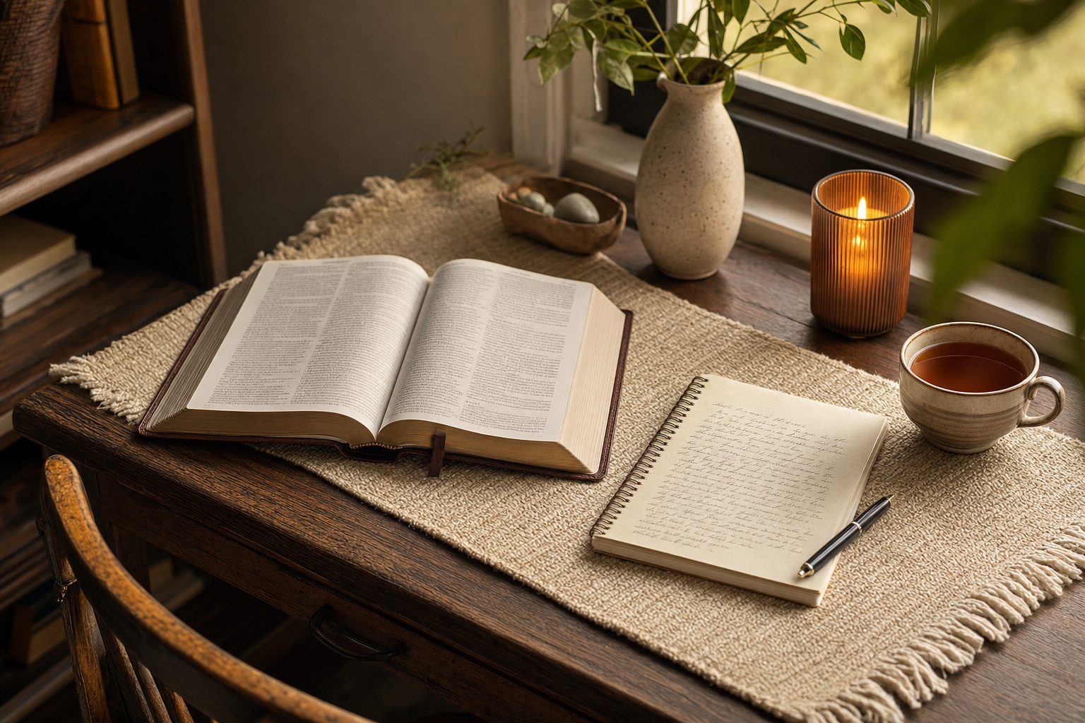 An open Bible, notebook, candle, tea, and pen on a warm desk by a window