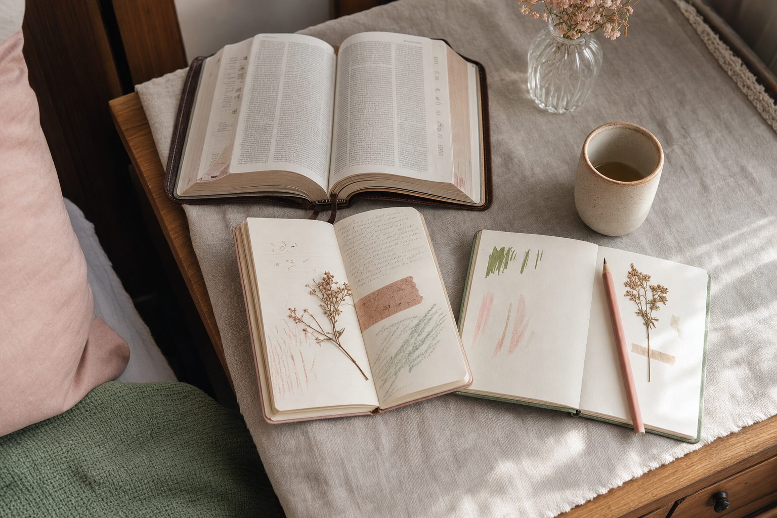 Open Bible and two notebooks with pencils, flowers, and tea on a bedside table
