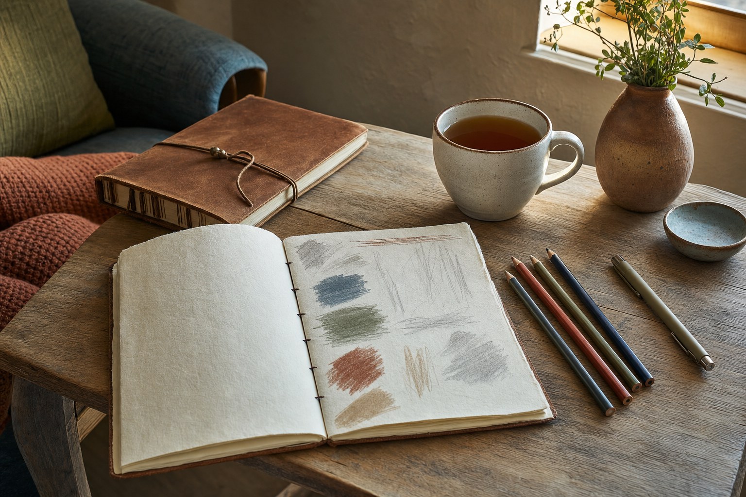 A notebook with pencil color swatches, pencils, and tea in a quiet reading nook