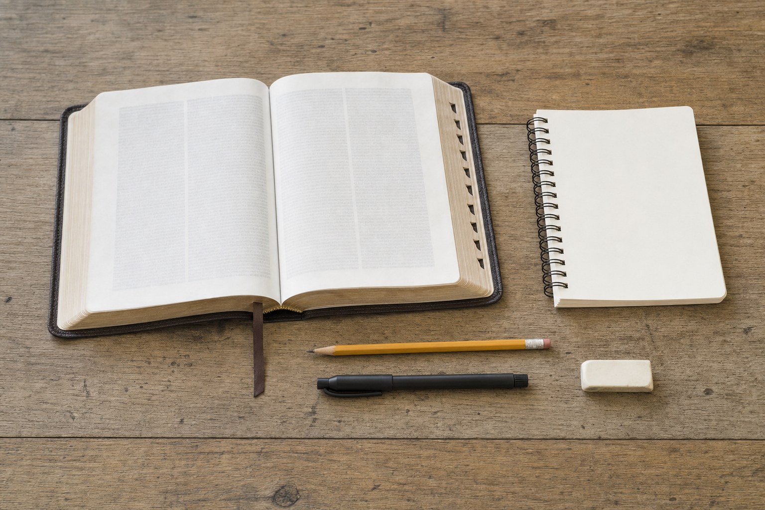 An open Bible, blank notebook, pencil, pen, and eraser on a wooden table