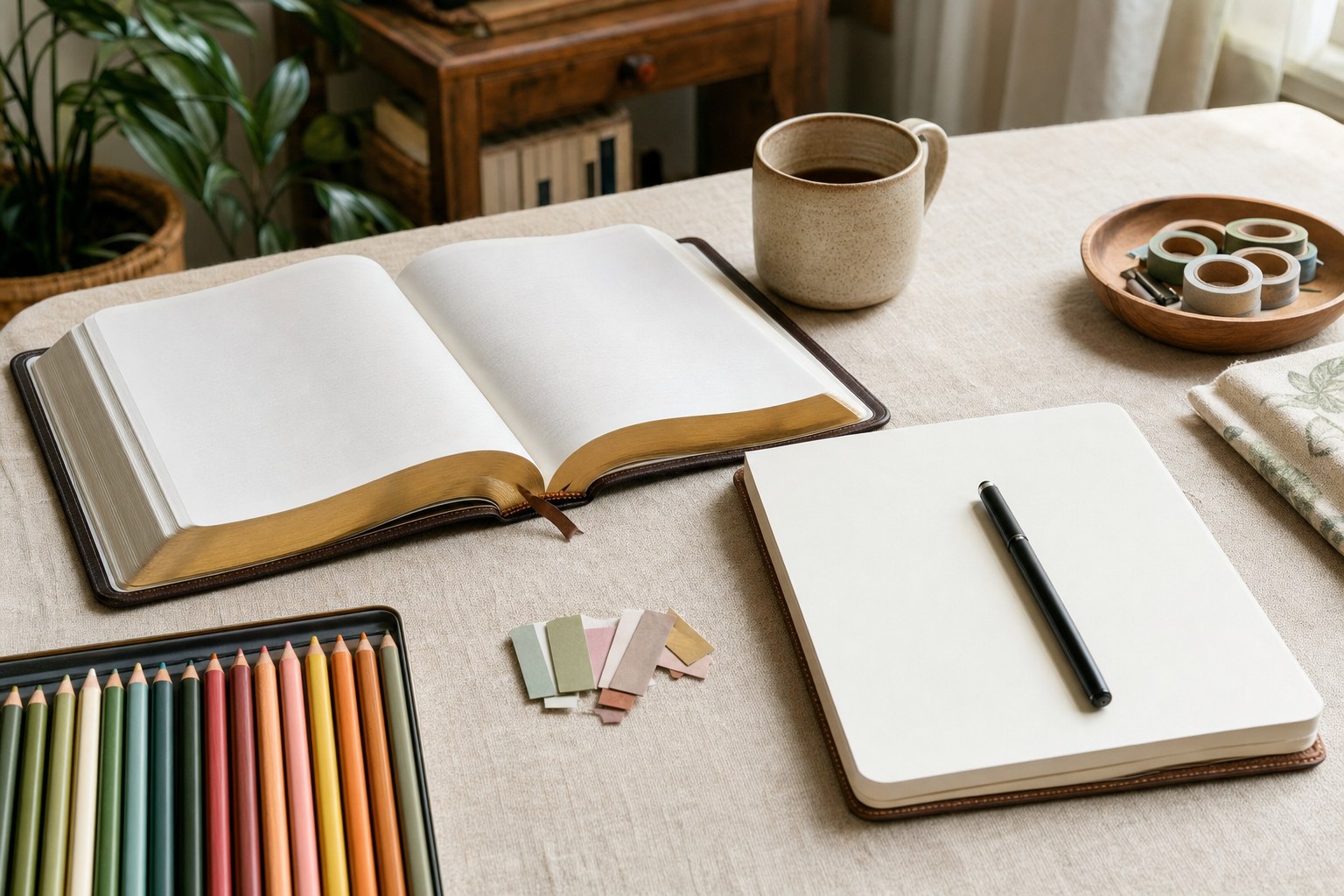 An open Bible, notebook, colored pencils, paper tabs, and a mug on a linen-covered table