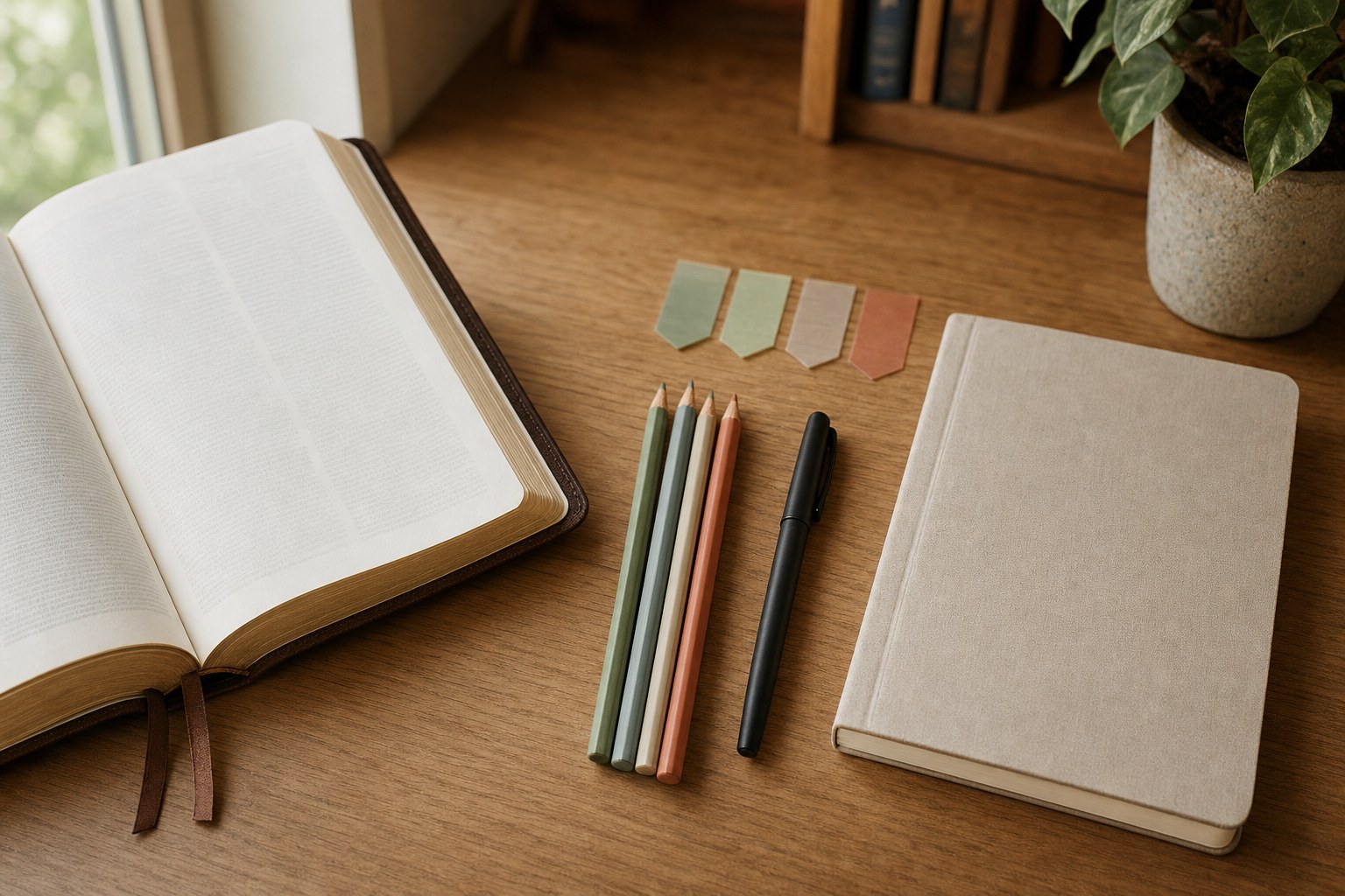 Colored pencils, page tabs, a pen, notebook, and open Bible on a wooden desk