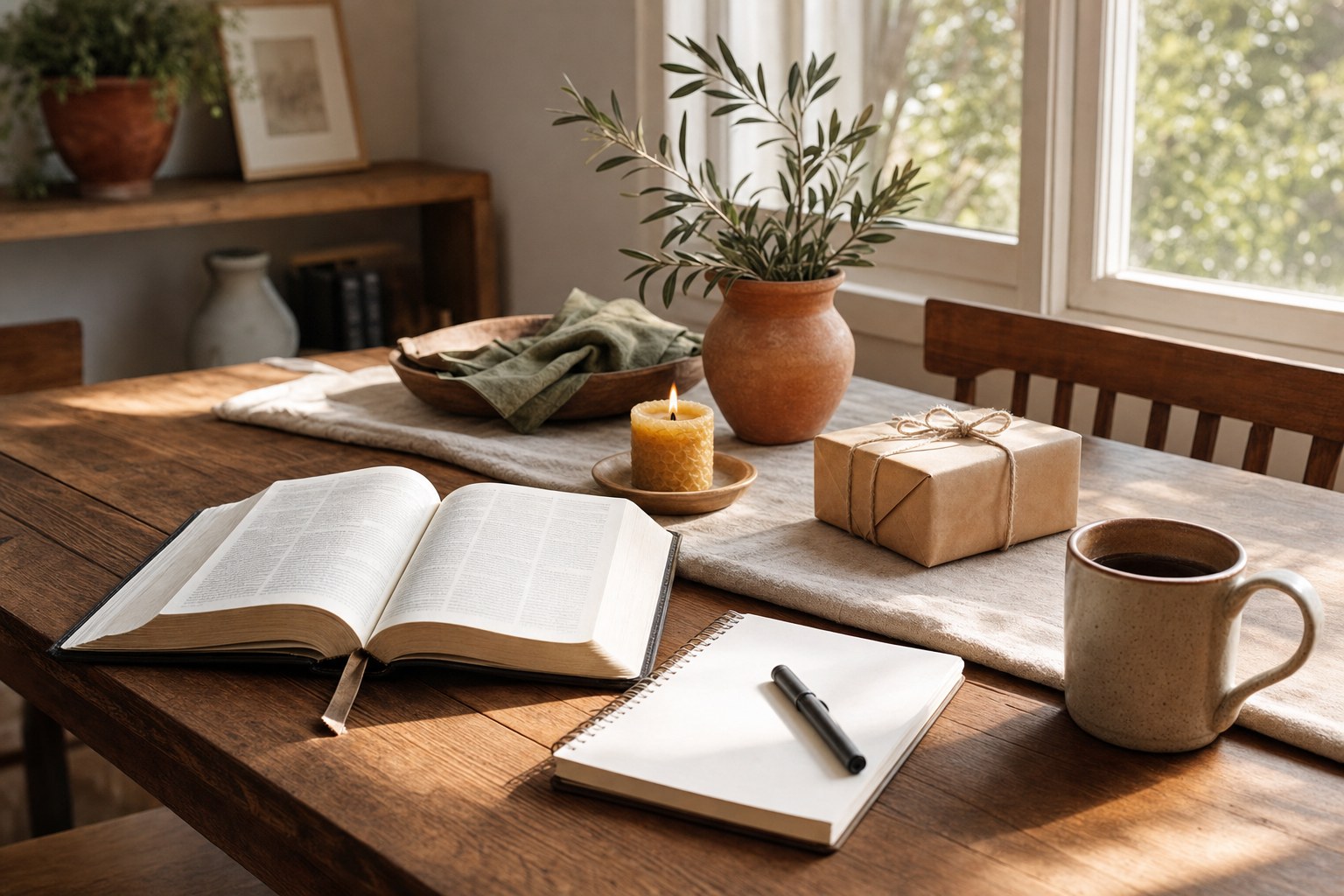An open Bible, journal, candle, mug, and wrapped gift on a sunlit table