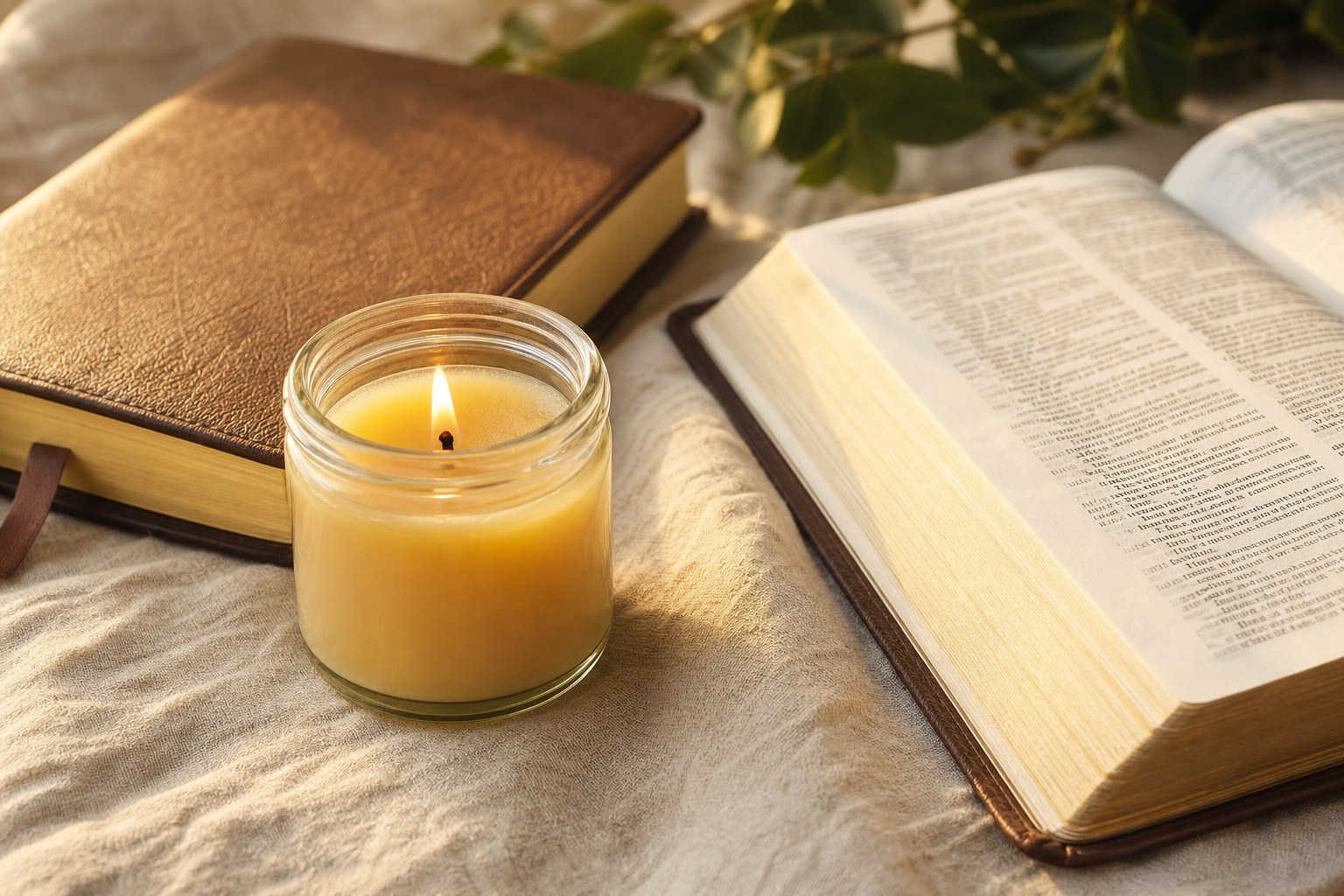 A plain candle, journal, and open Bible on soft linen