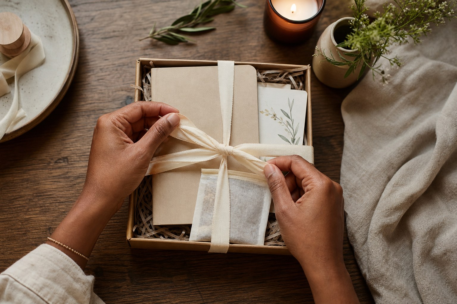 Hands tying ribbon around a small care package with a notebook and card