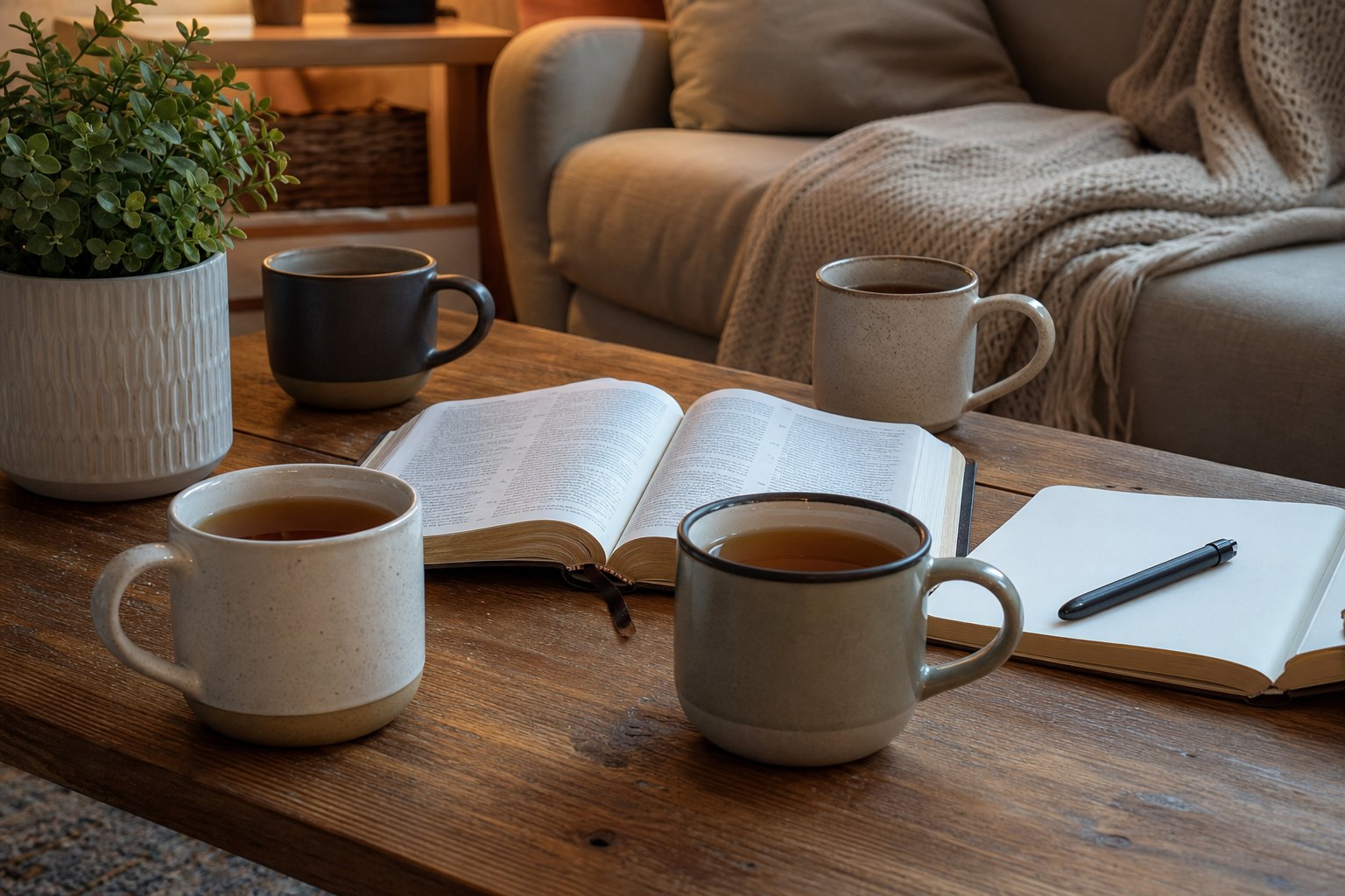 Four mugs and an open Bible ready for a welcoming group gathering