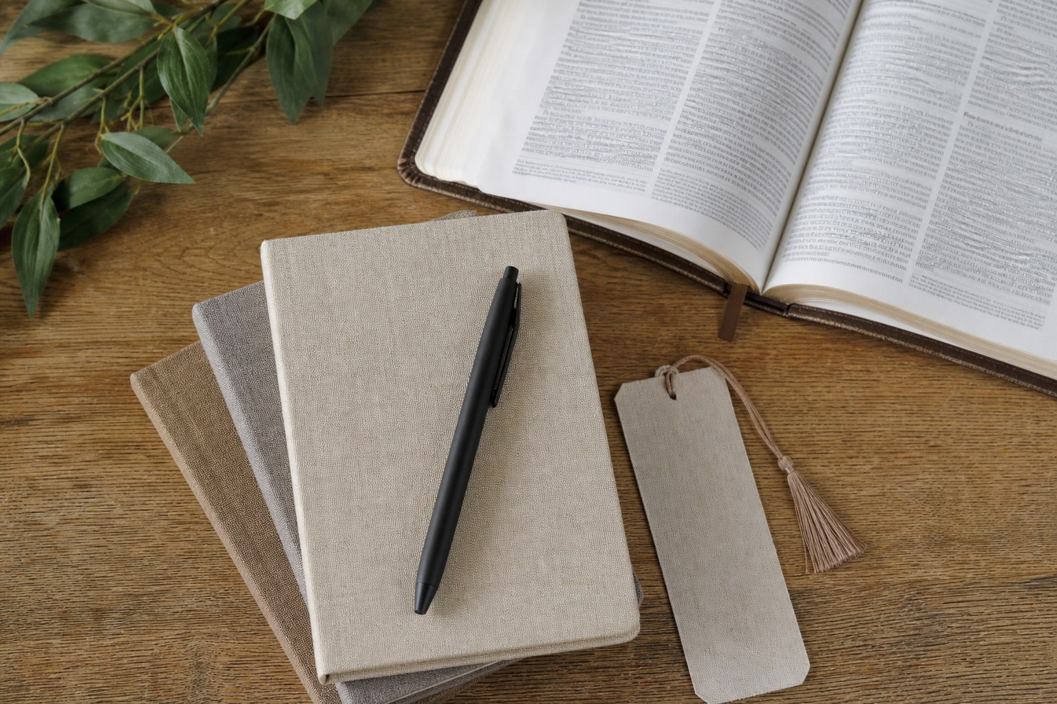 Simple notebooks, pen, bookmark, and open Bible arranged for group study