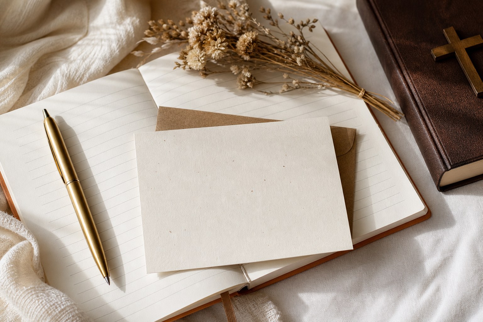 A simple thank-you card, notebook, pen, and dried flowers