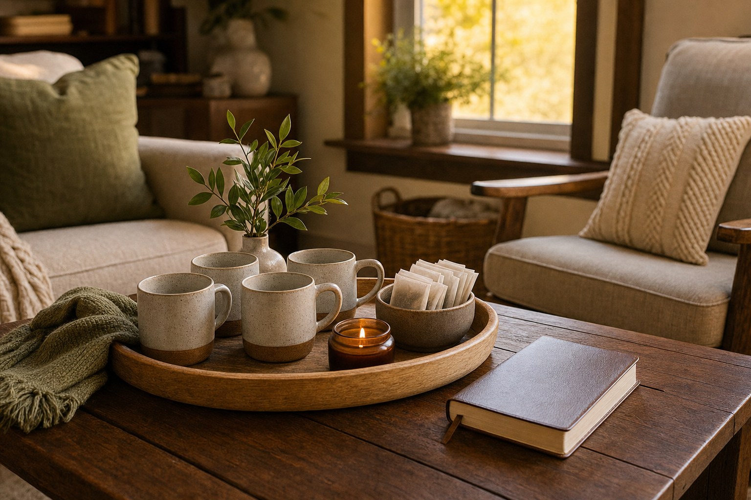 Mugs, tea, a candle, and a Bible ready for a small group gathering