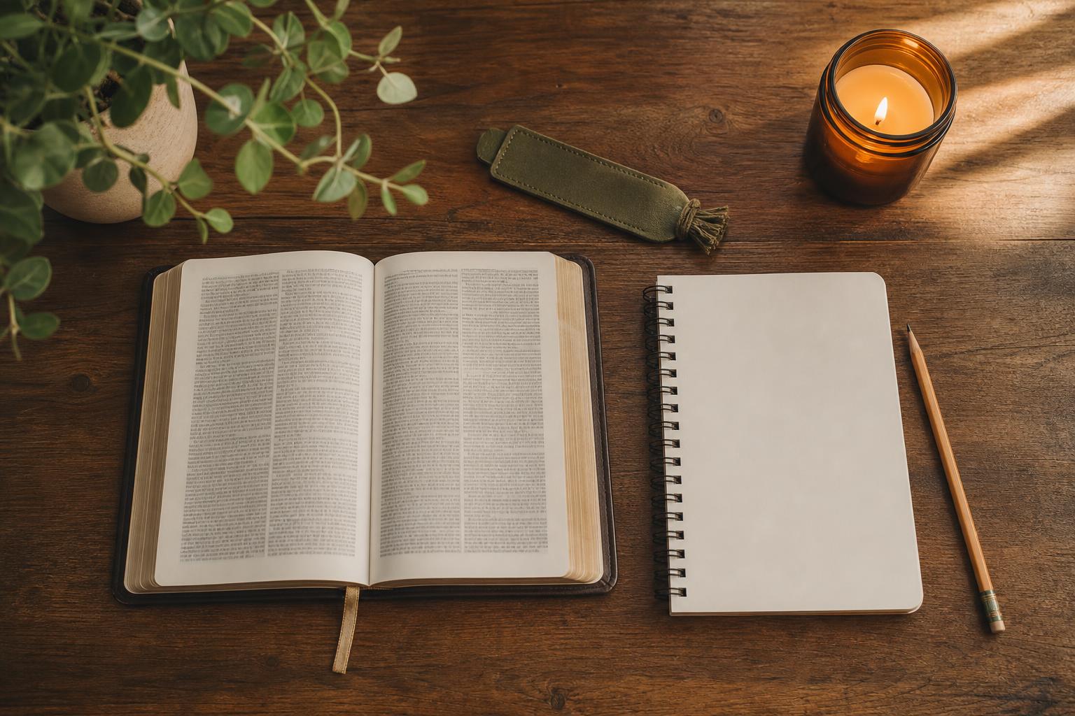 Open Bible and blank notebook beside a pencil, bookmark, candle, and plant on a wooden table
