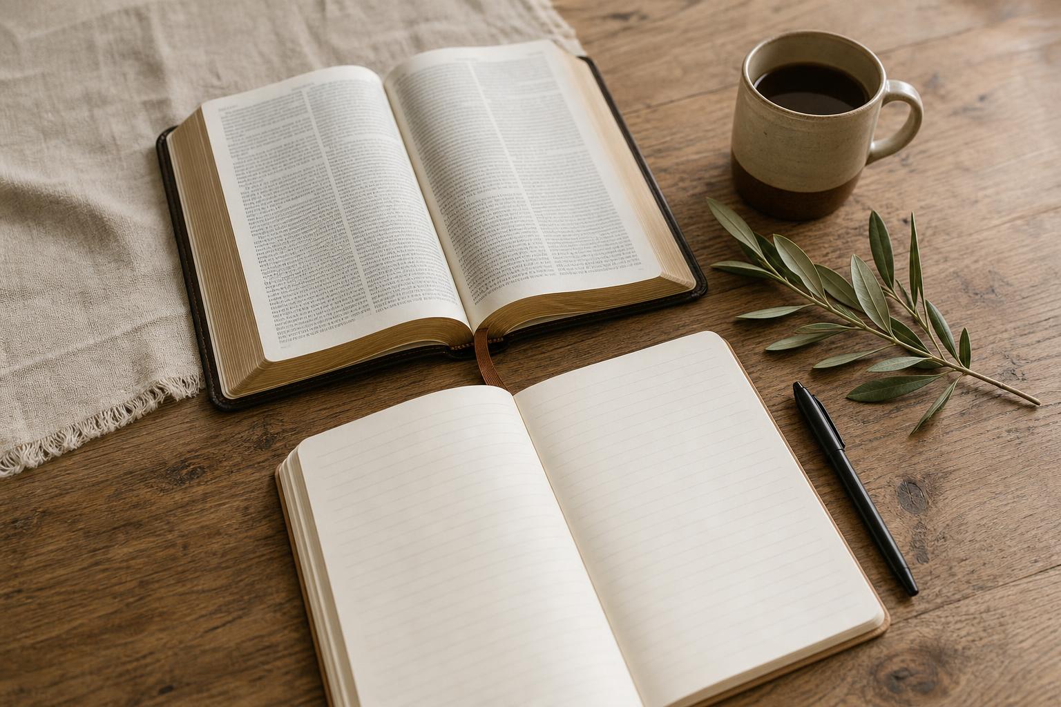 An open Bible, blank journal, pen, coffee, and olive branch on a wooden table