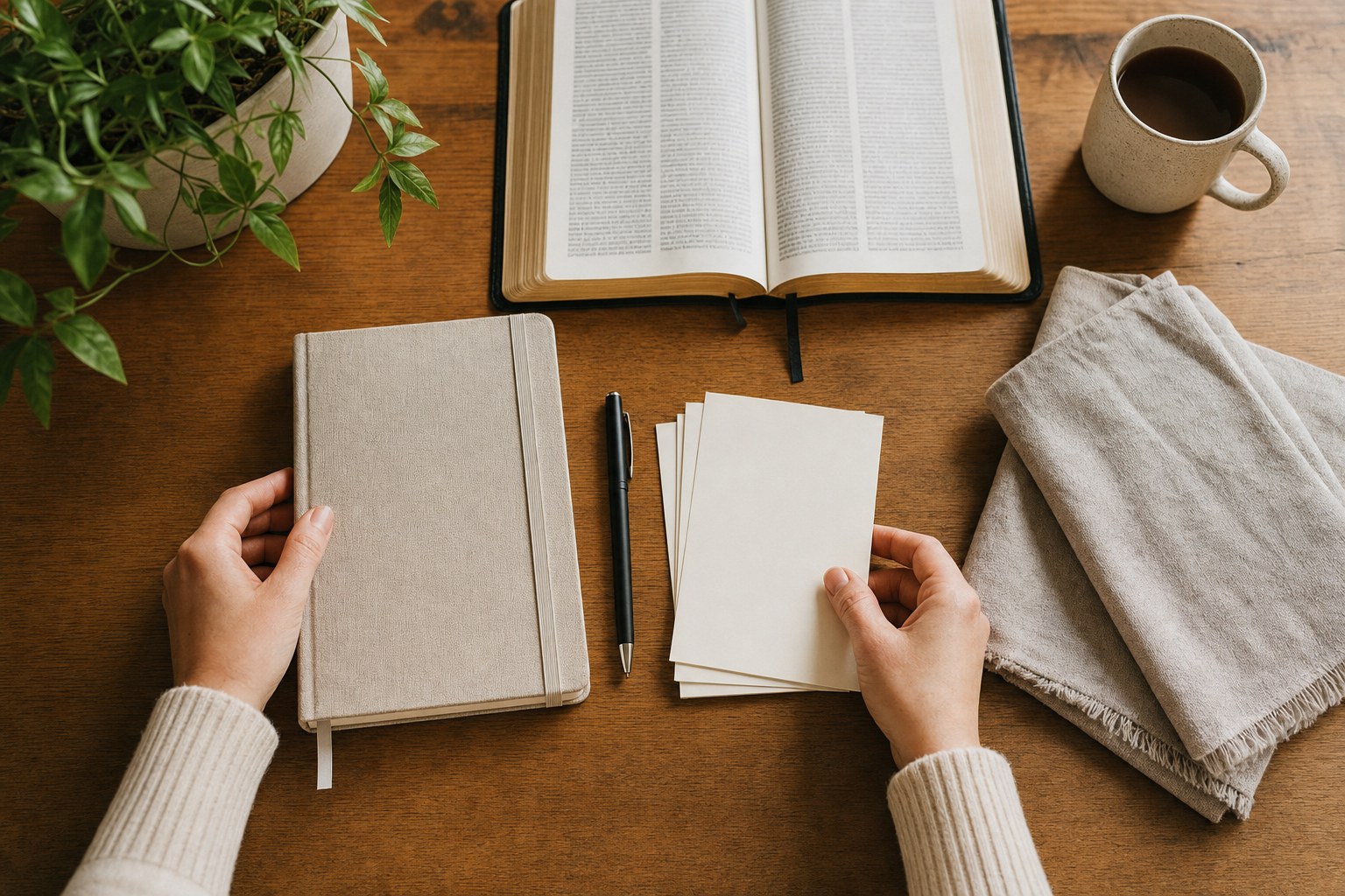 A Bible, journal, note cards, and pen arranged for a quiet study session