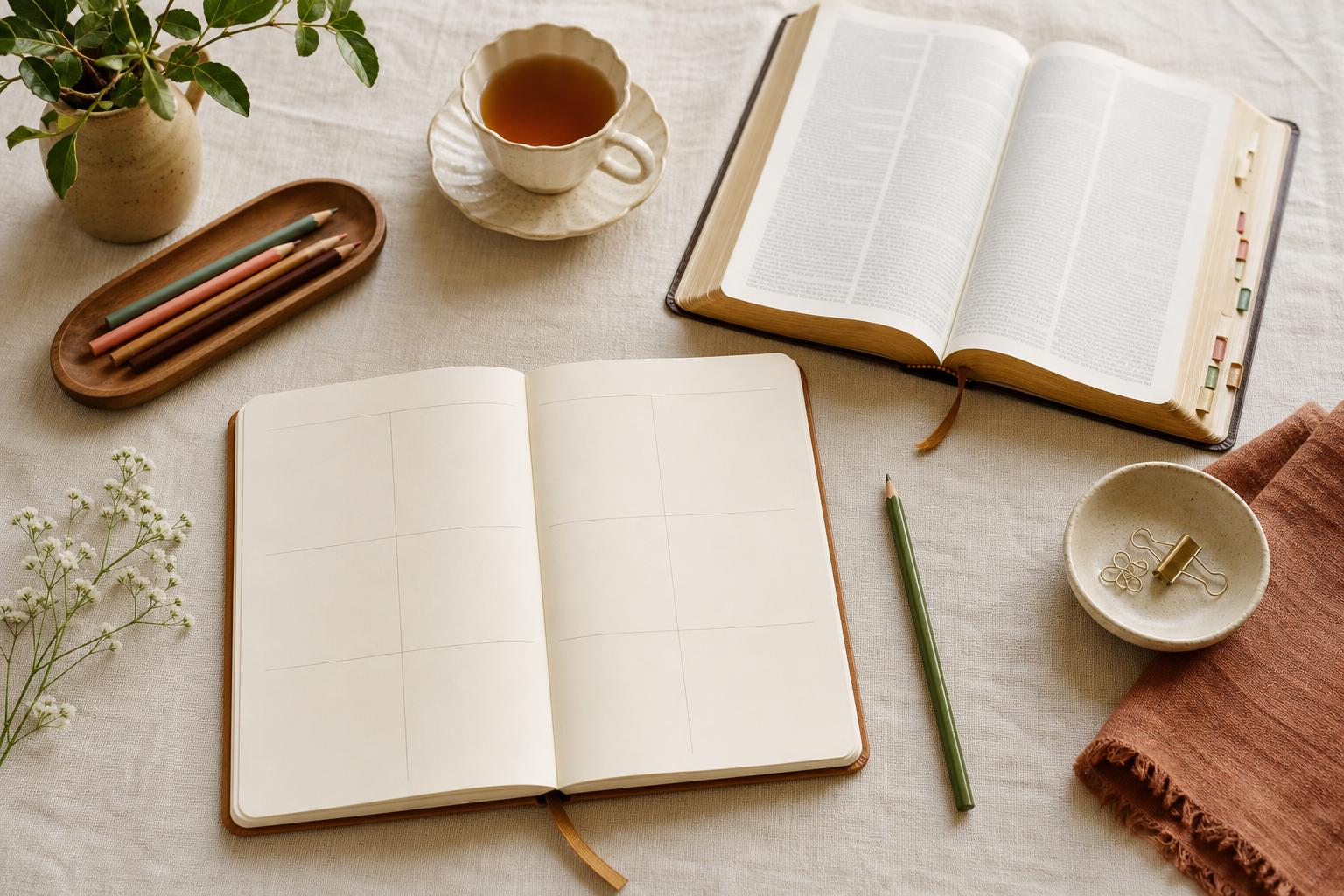 Open journal with simple blank study sections beside a Bible, pencils, tea, and page tabs