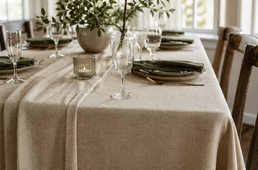 Light natural table linen on a dressed dining table