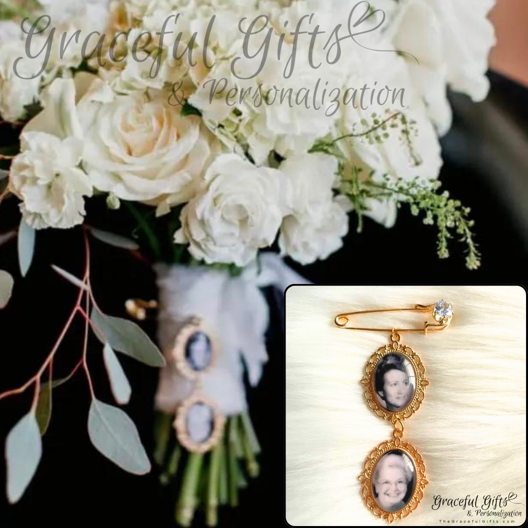 Memorial photo charm pinned to a wedding bouquet with a close-up of the personalized charm