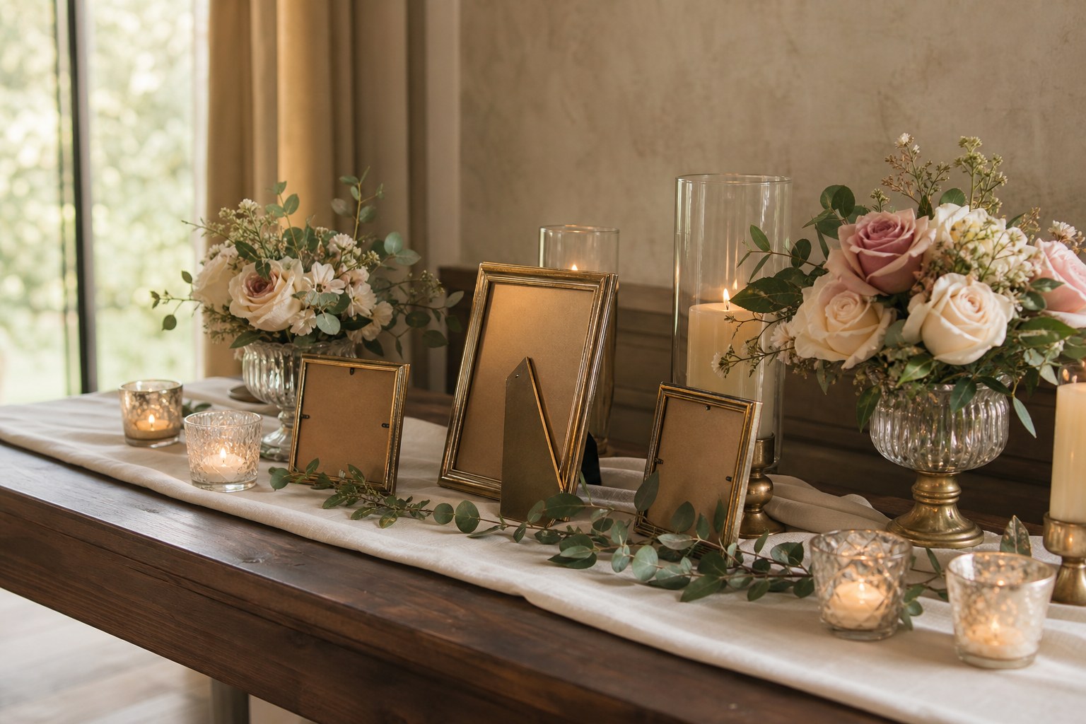 Elegant wedding remembrance table with candles, flowers, and empty frames