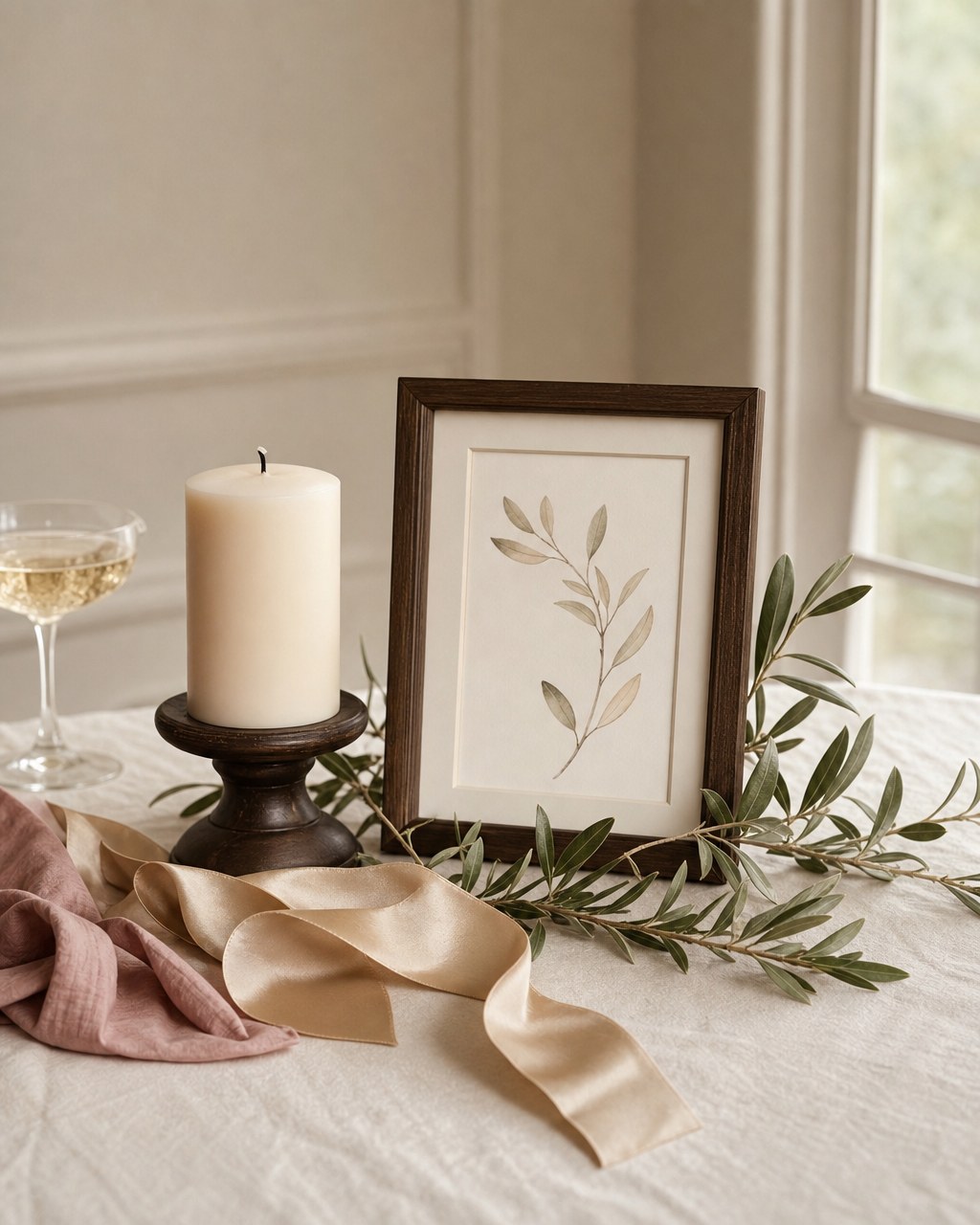 Candle, botanical print, ribbon, and olive branches arranged as a quiet wedding remembrance still life