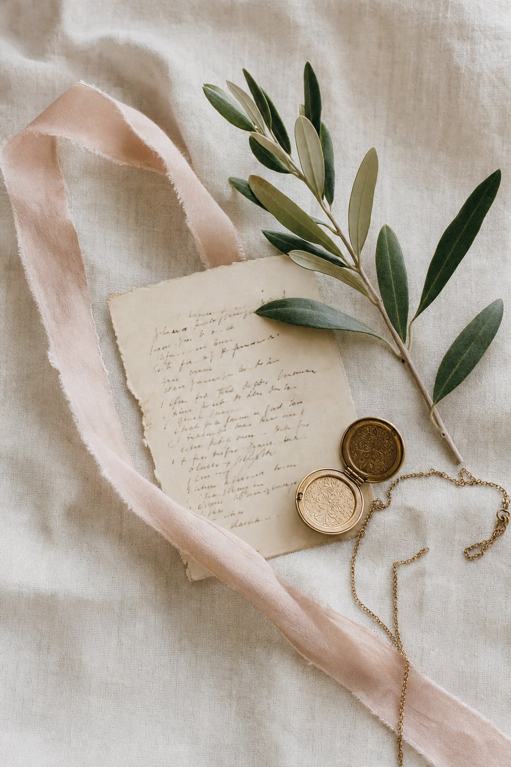 An editorial still life with a keepsake locket and ribbon