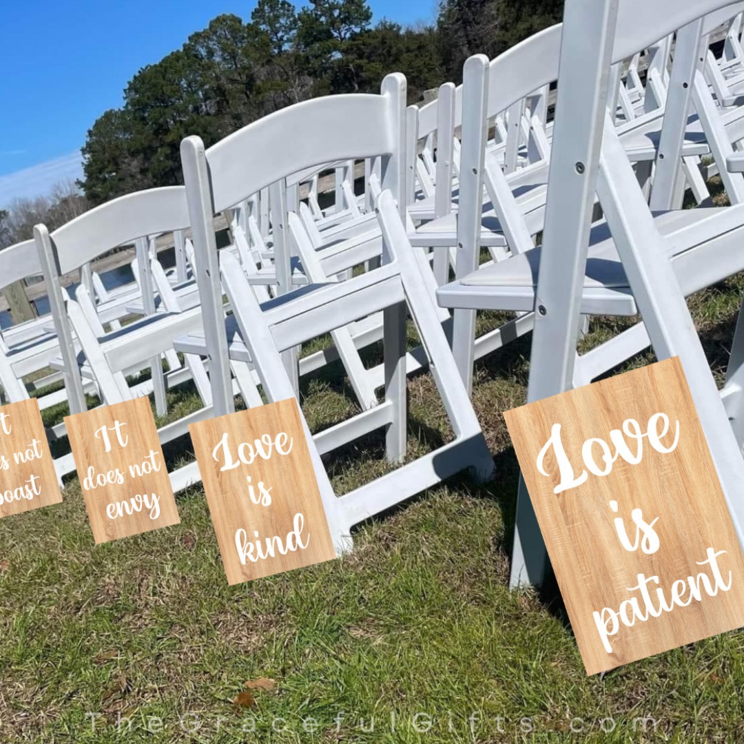 Wedding ceremony chairs arranged with thoughtful personal details