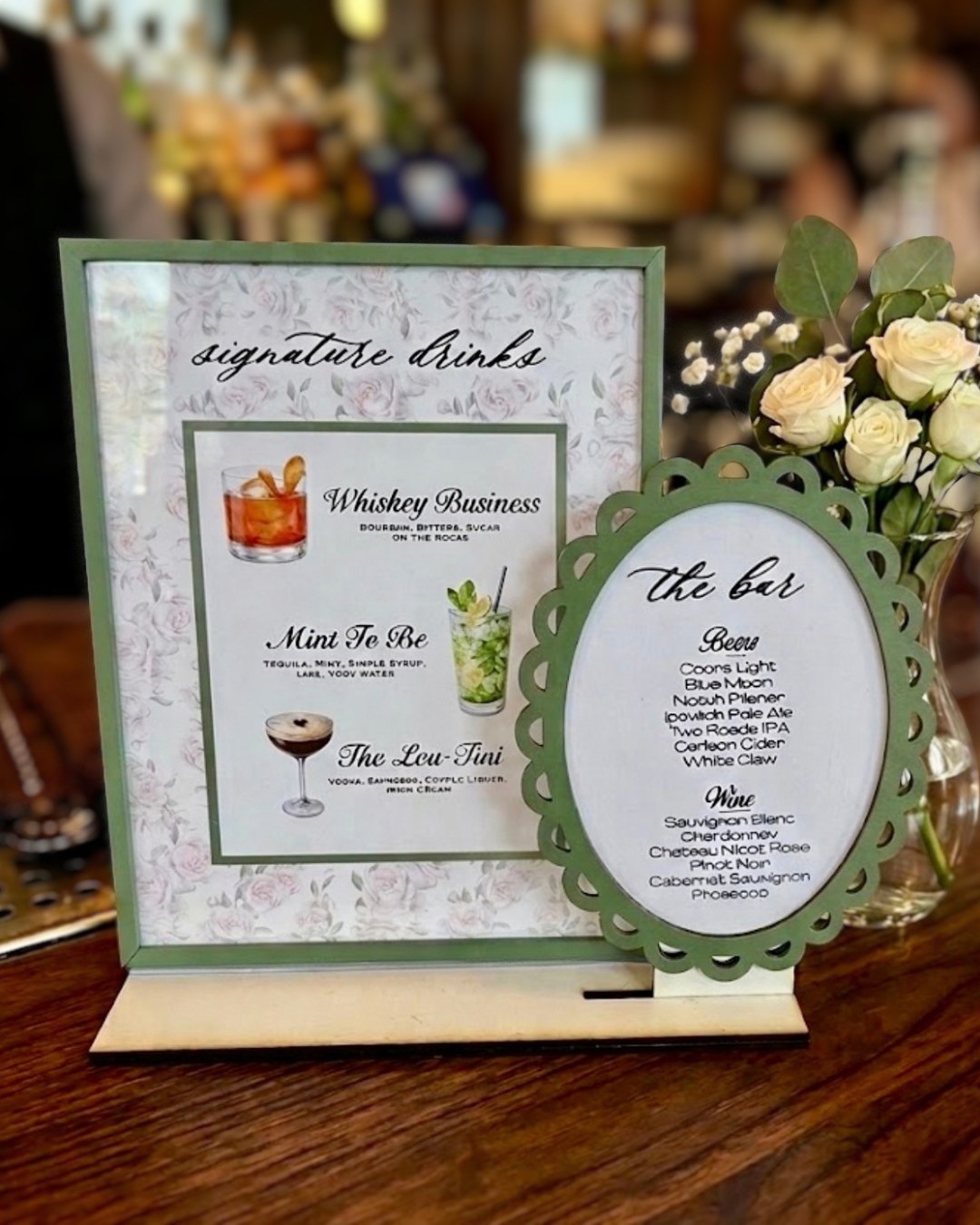 Custom signature drinks menu and bar sign for a wedding reception