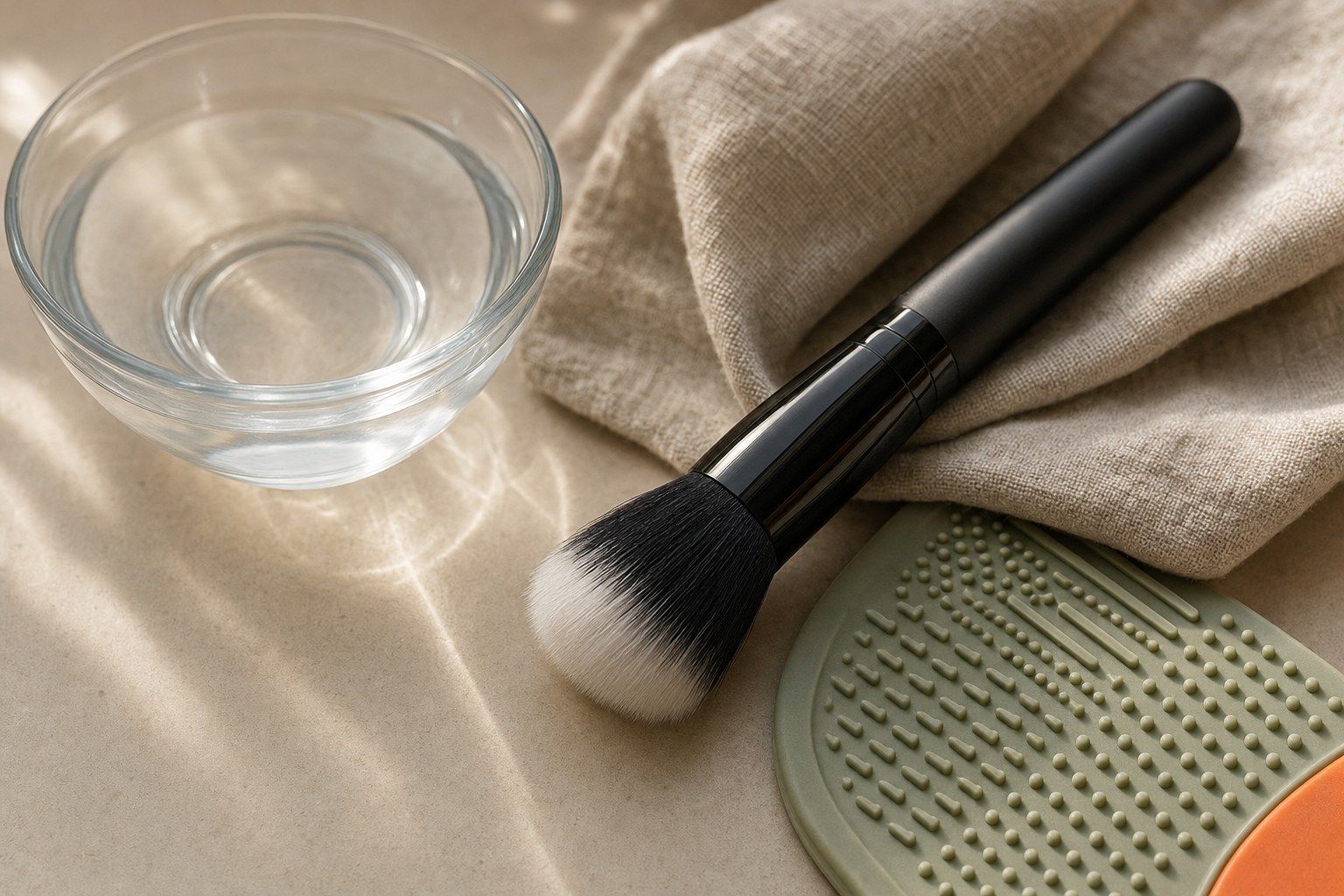 Clean duo-fibre makeup brush beside a silicone cleaning mat