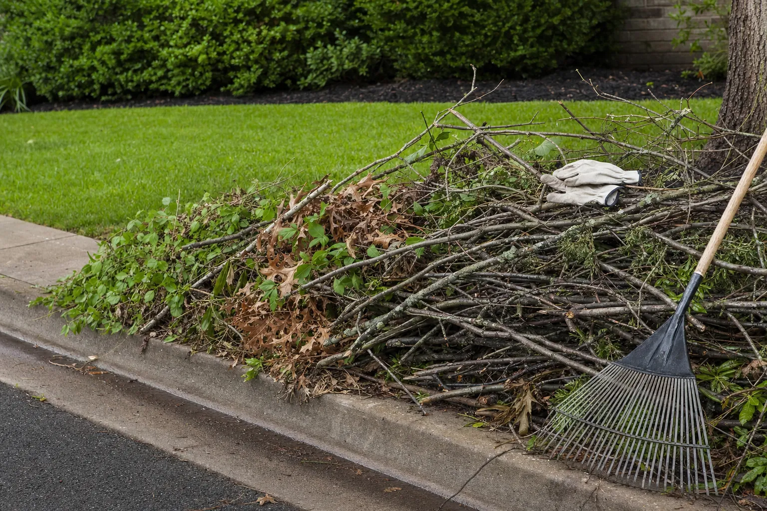 Branches and leaves gathered for yard cleanup beside a clean lawn.
