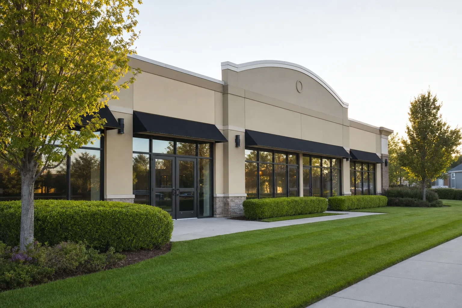 A small commercial storefront with a freshly maintained lawn and edged walkway.