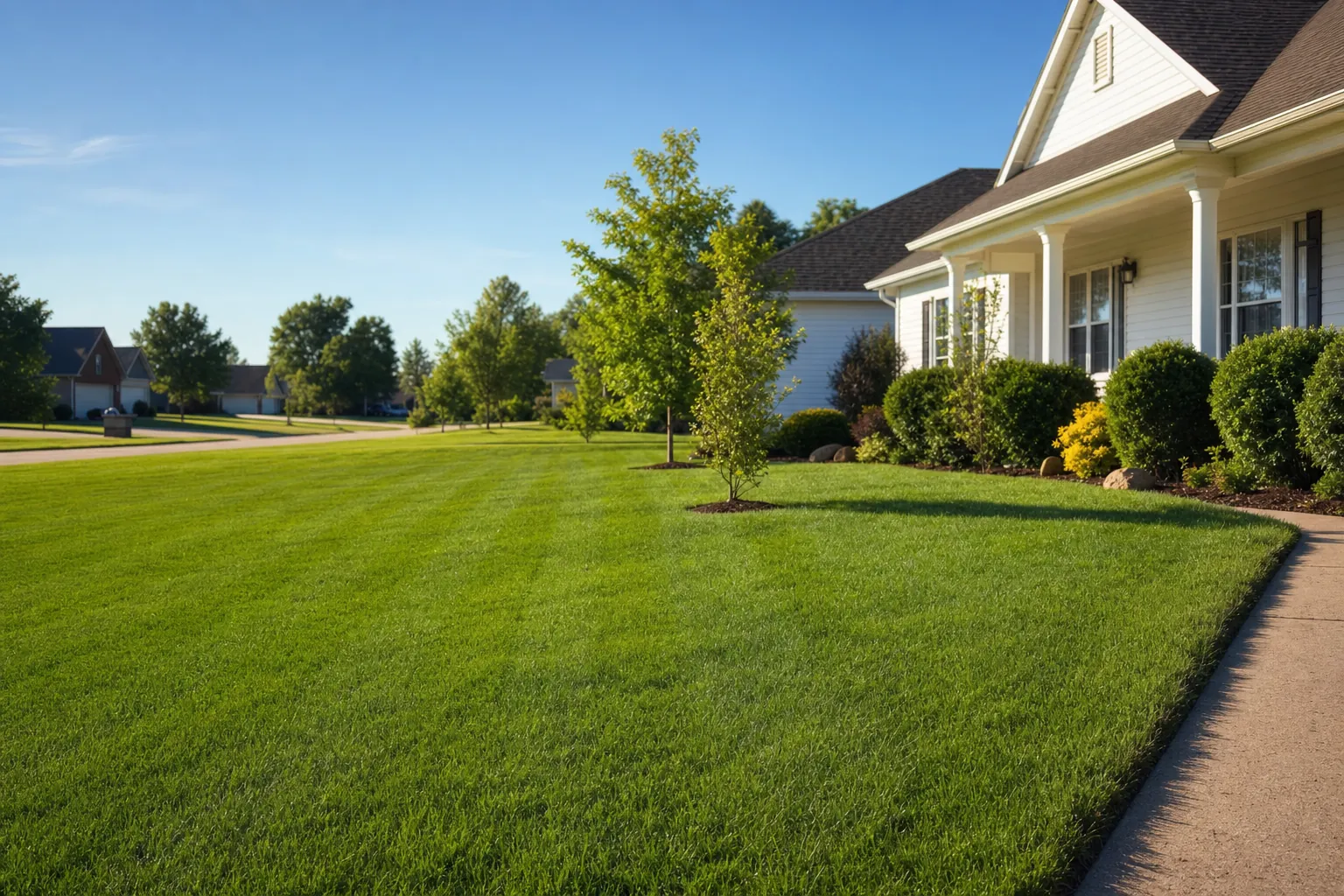 A freshly mowed green lawn beside a clean Oklahoma home.