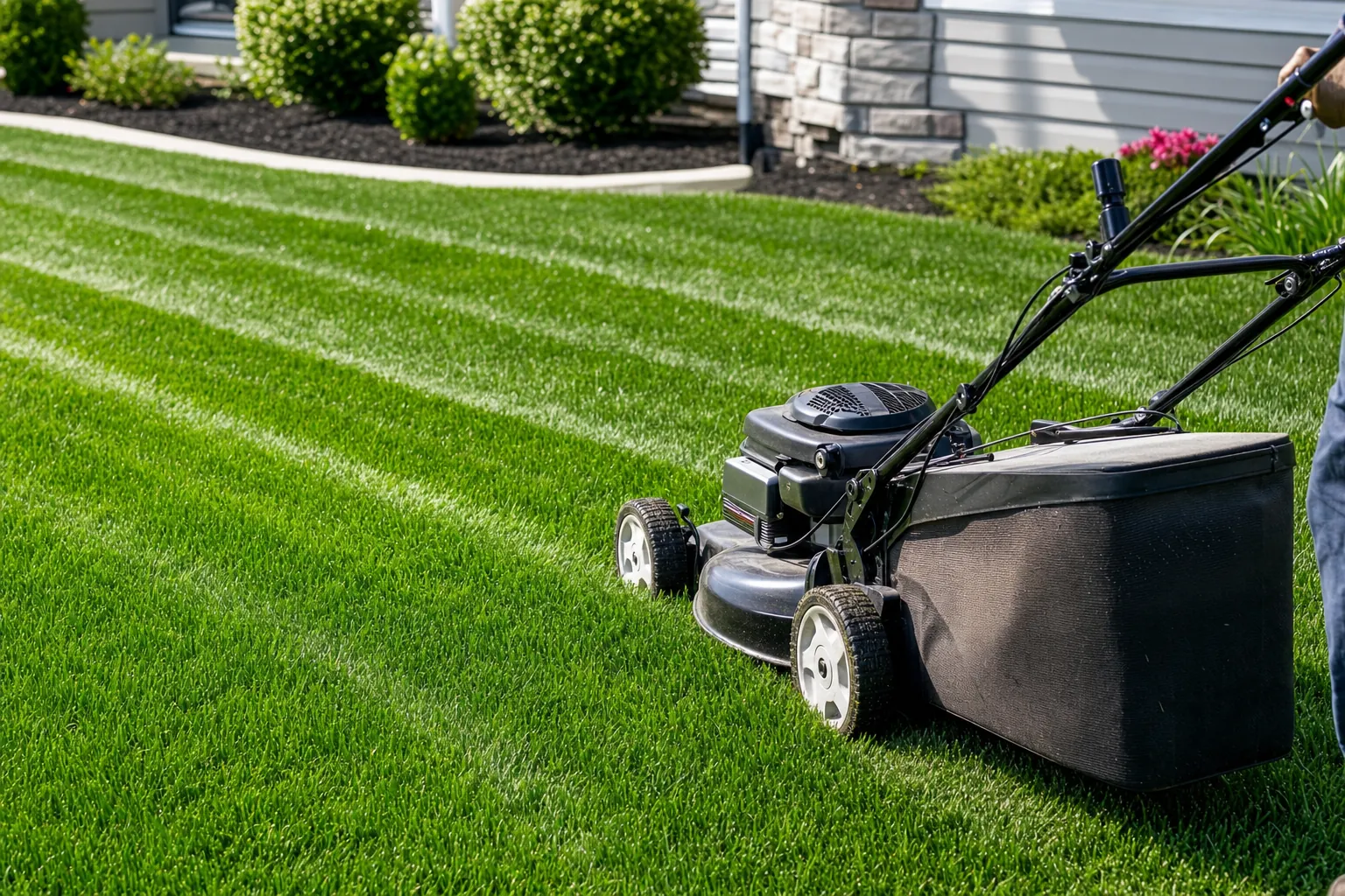 A push mower cutting clean stripes through a green residential lawn.