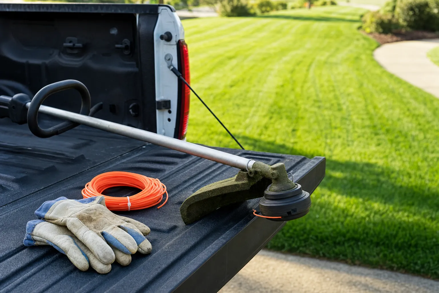 Lawn care tools arranged on a pickup tailgate beside a freshly cut yard.