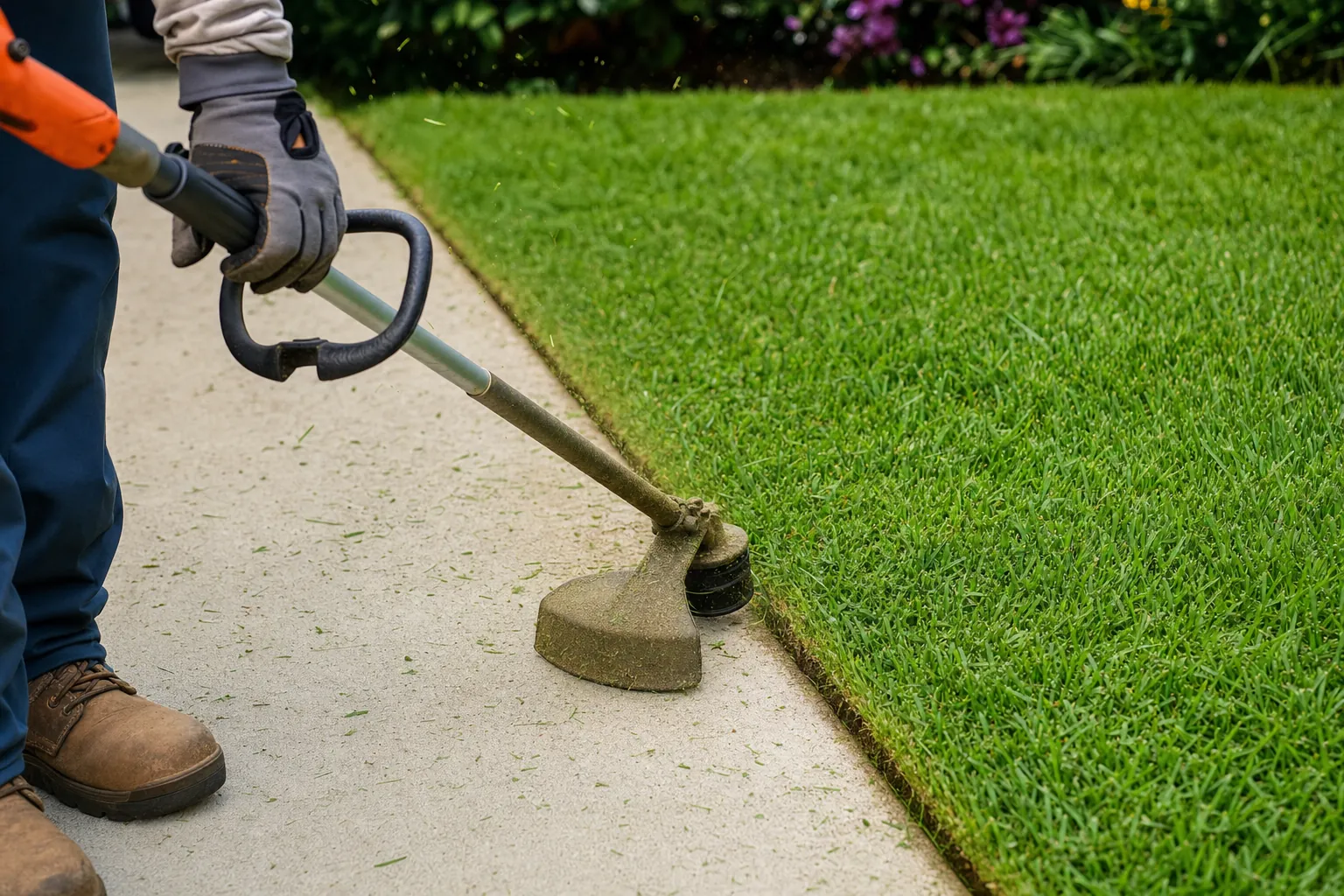 A string trimmer creating a crisp edge along a sidewalk.